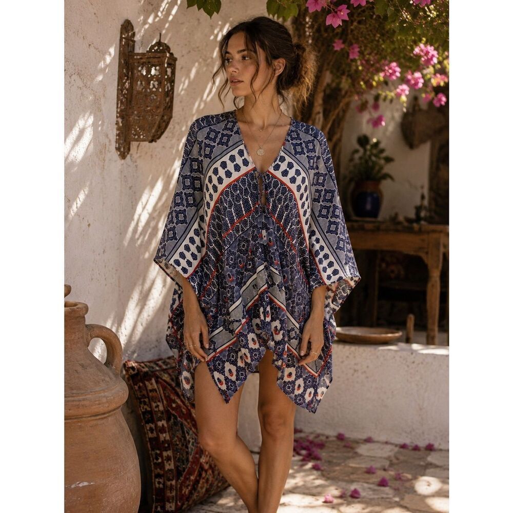 Natori Navy Blue White Orange Diamond Floral Striped Print Kaftan Tunic L Beach